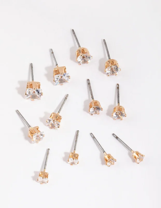 Party Drop Earrings-Gold Cubic Zirconia Classic Stud Earring 6-Pack