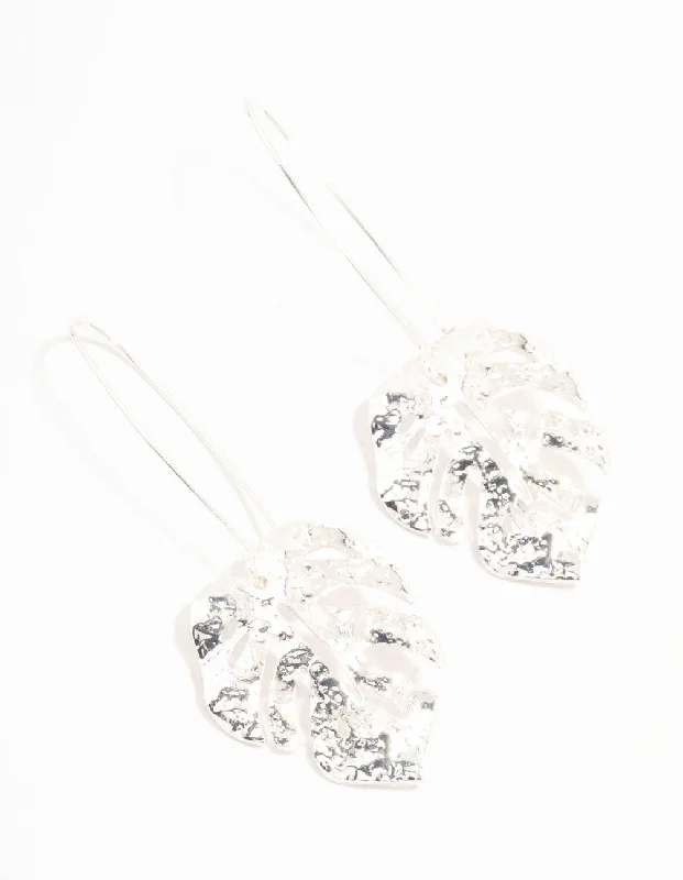 Fun Statement Earrings-Silver Monstera Leaf Drop Earrings