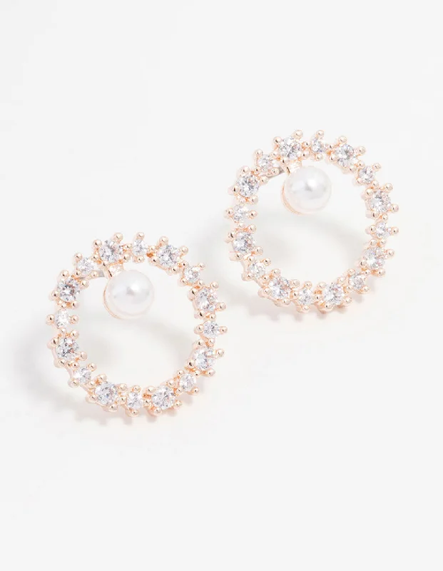 Modern Drop Earrings-Rose Gold Plated Cubic Zirconia With Pearl Wreath Earrings