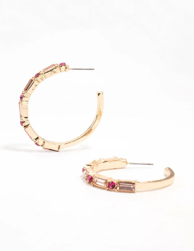 Party Earrings-Gold Baguette Pink Diamante Crystals Hoop Earrings