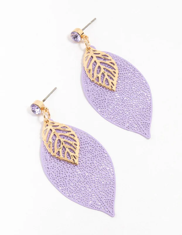 Long Dangle Earrings-Purple & Gold Diamante Filigree Flower Drop Earrings