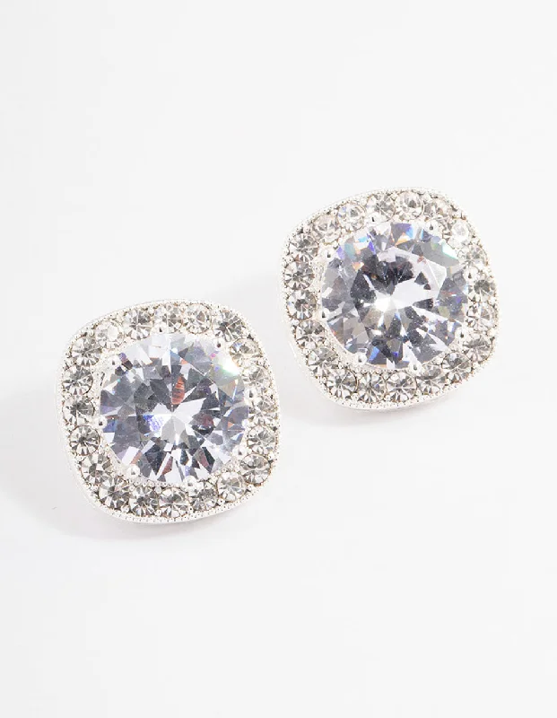 Unique Chandelier Earrings-Silver Plated Cubic Zirconia Cushion Halo Stud Earrings