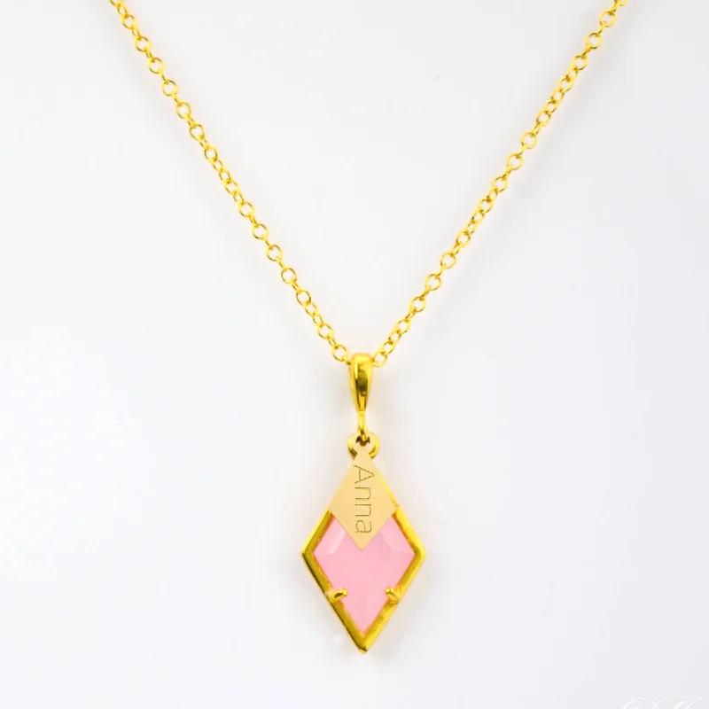 Classic Gold Necklace-Diamond Shaped Birthstone and Name Necklace : October Pink Chalcedony