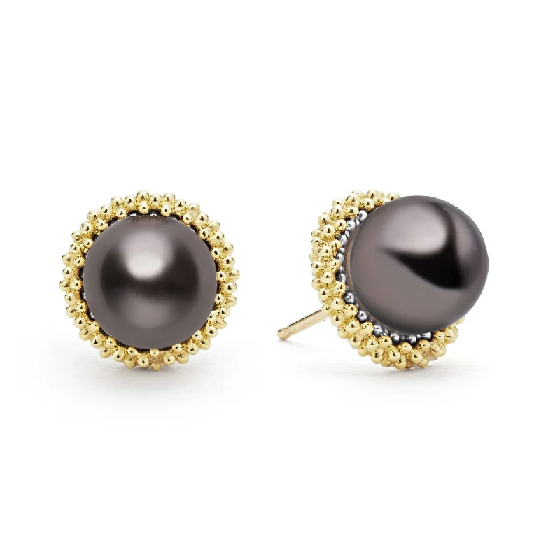 Silver Chain Earrings-Luna 18K Gold Tahitian Black Pearl Stud Earrings