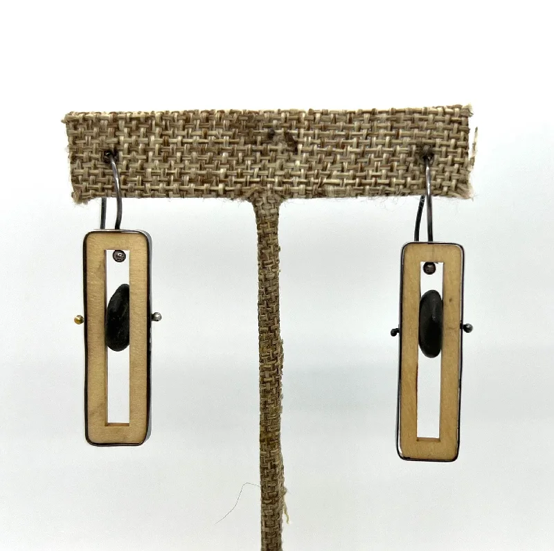 Fancy Drop Earrings-Wood Rectangle & Rock Earrings