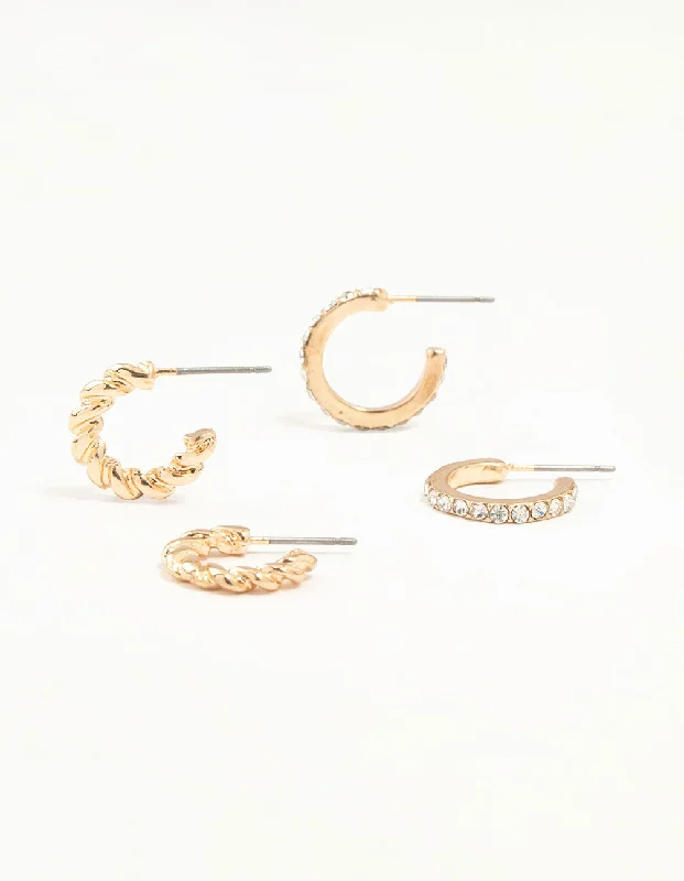 Cute Dangle Earrings-Gold Twisted & Diamante Hoop Earrings 2-Pack