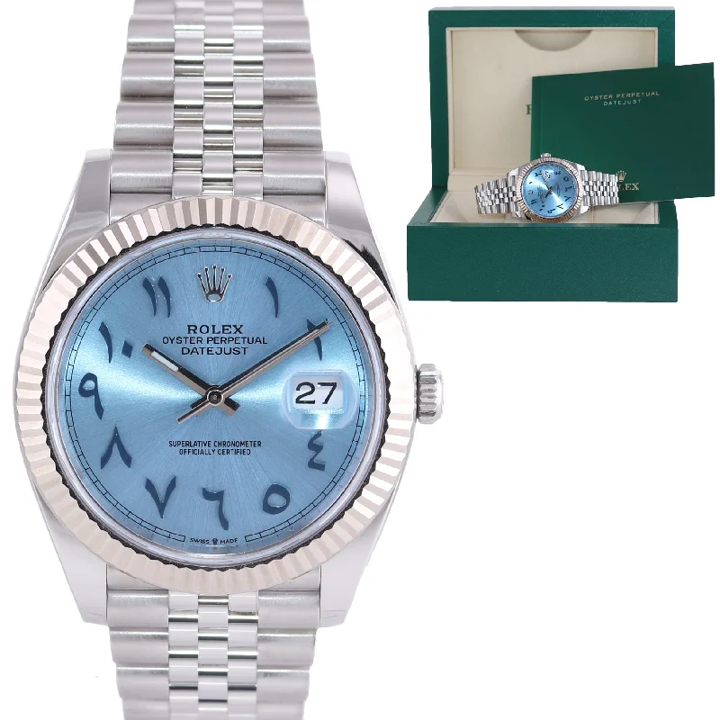 Men's Classic Watch with Date Display-Rolex DateJust 41 126334 Blue Arabic Steel White Gold Fluted Oyster Watch Box