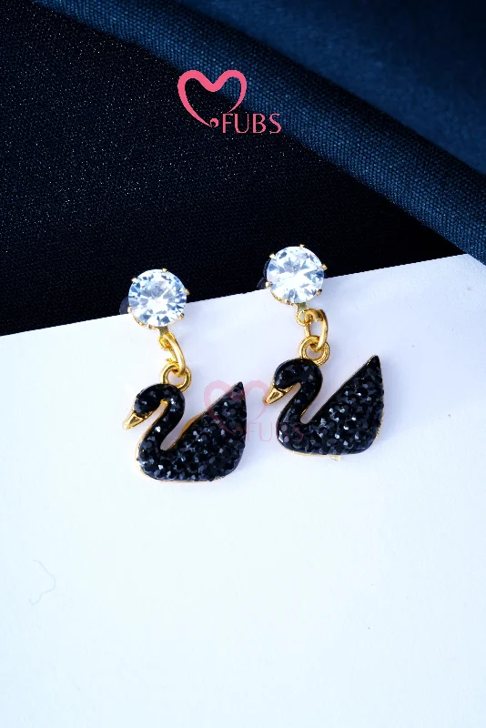 Geometric Silver Earrings-Crystal Black Shine Swan Stud Earrings