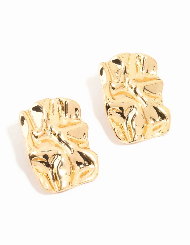 Large Gold Earrings-Gold Plated Molten Rectangle Stud Earrings