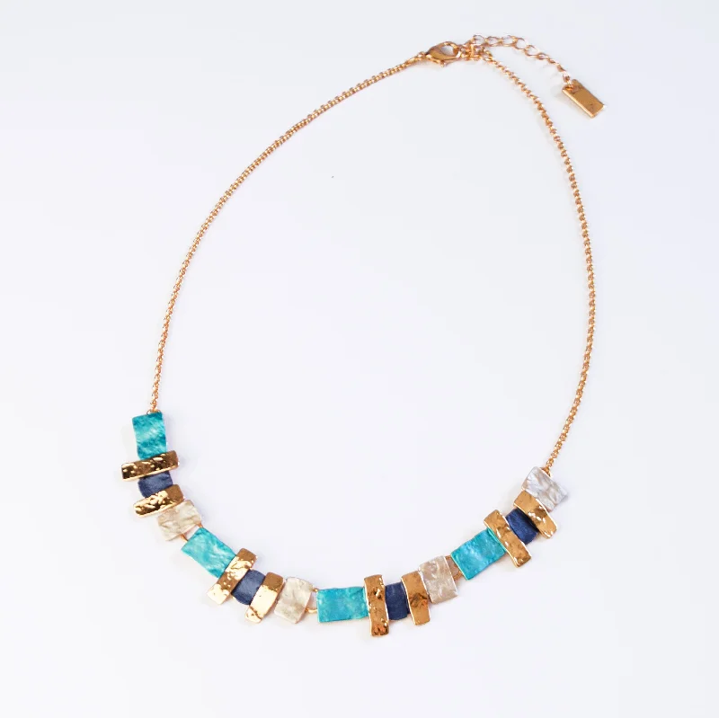 Chunky Chain Necklace-Boho Style Geometric Squares Pearl Aqua Necklace