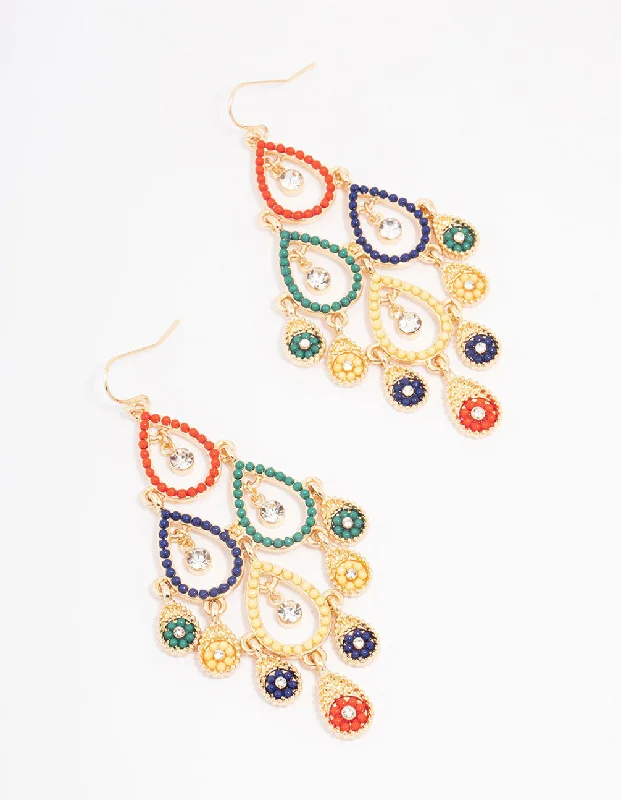 Adjustable Hoop Earrings-Gold Beaded Open Drop Earrings