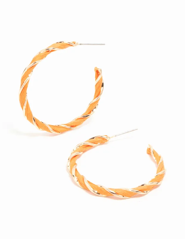 Embellished Earrings-Gold Orange Twisted Hoop Earrings