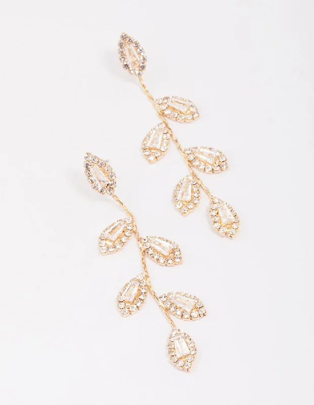 Double-Sided Earrings-Gold Diamante Leaf Drop Earrings