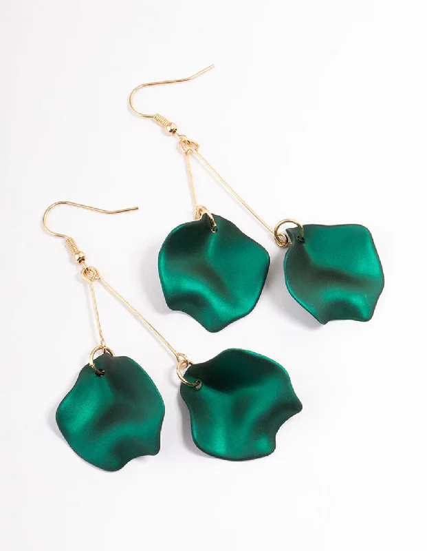 Unique Pearl Drop Earrings-Green Double Petal Stick Drop Earrings