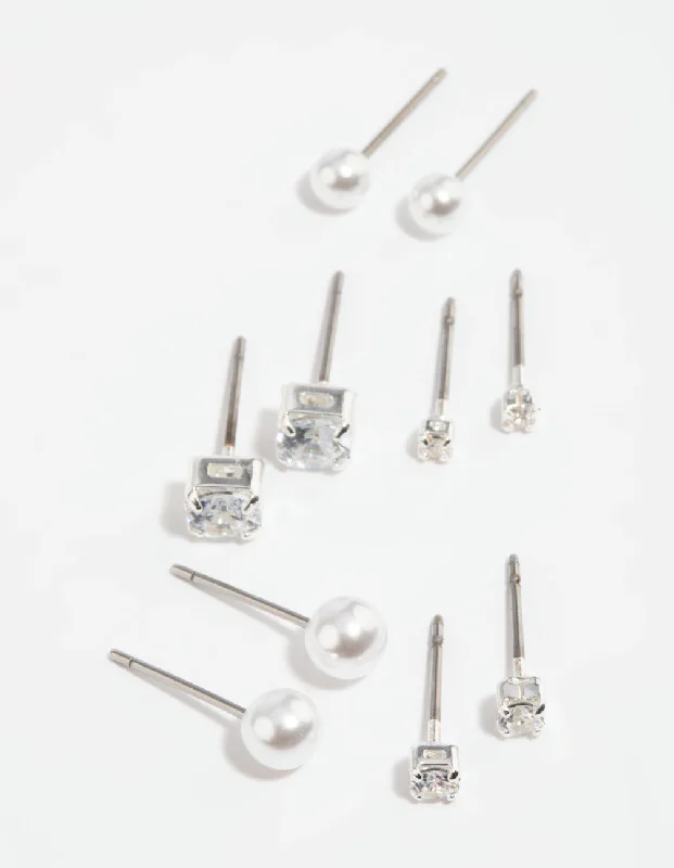 Colorful Crystal Earrings-Silver Diamante Stud Earring 5-Pack