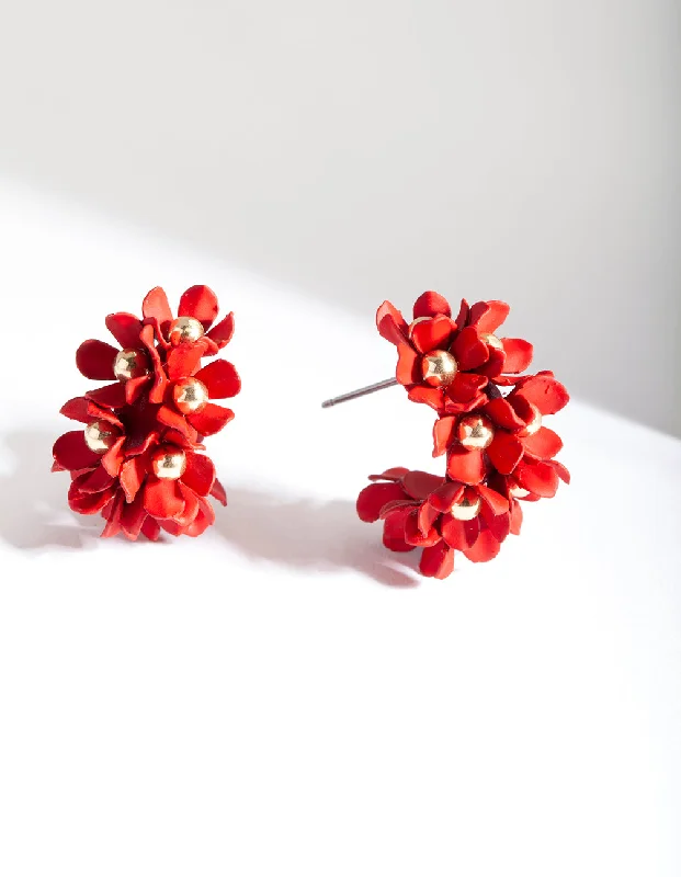 Boho Feather Earrings-Red Flower Cluster Hoop Earrings