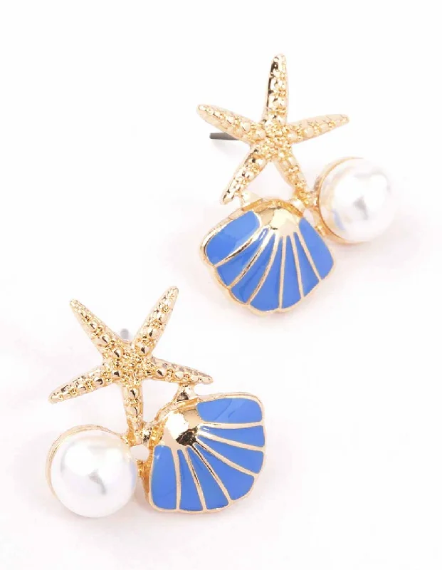 Fashion Pearl Earrings-Gold & Blue Starfish Pearl Cluster Stud Earrings