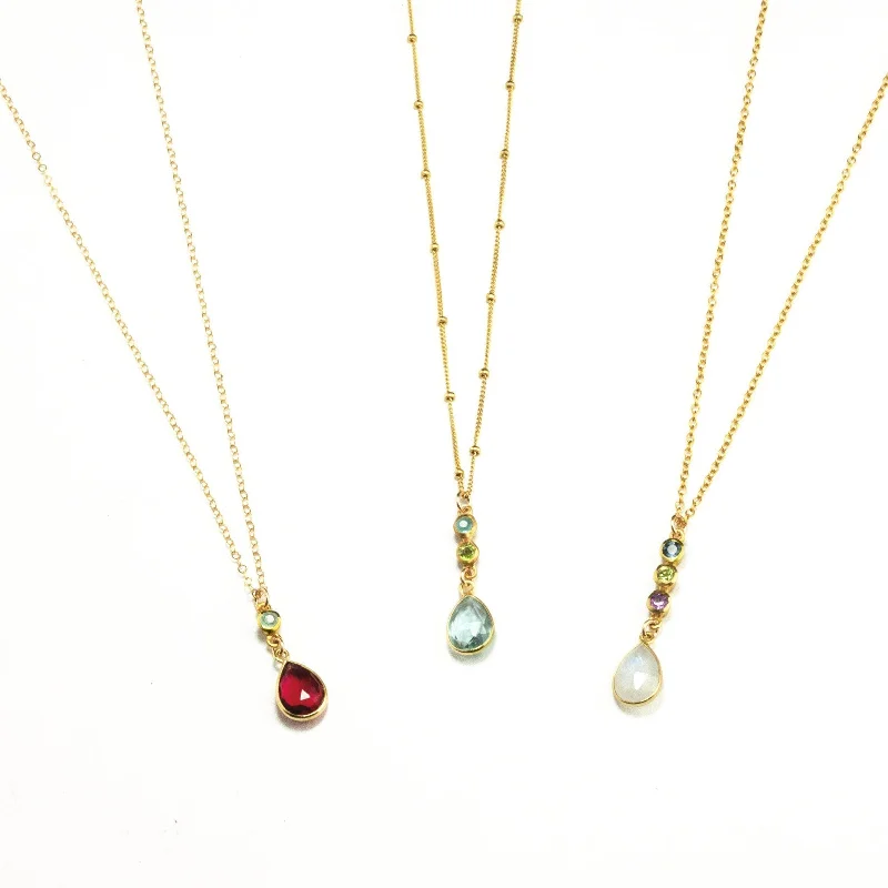 Fashion Beaded Necklace-Tiny Birthstone Vertical Bar Necklace with Mother Stone