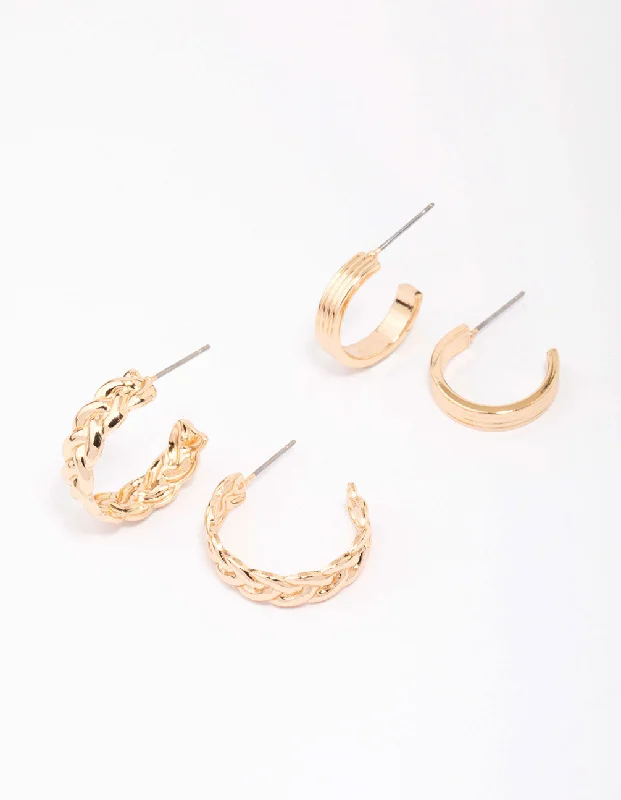 Oval Hoop Earrings-Gold Braided & Ribbed Hoop Earring Pack