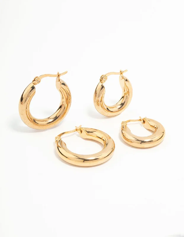 Sterling Silver Dangle Earrings-Waterproof Gold Plated Stainless Steel Tube Hoop Earrings 2-Pack