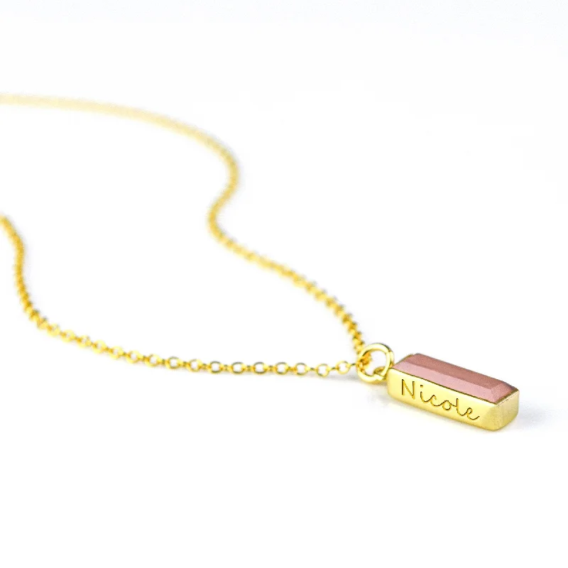 Gold Chain with Pendant-Pink Chalcedony Vertical Bar Necklace : October Birthstone : Adira Series