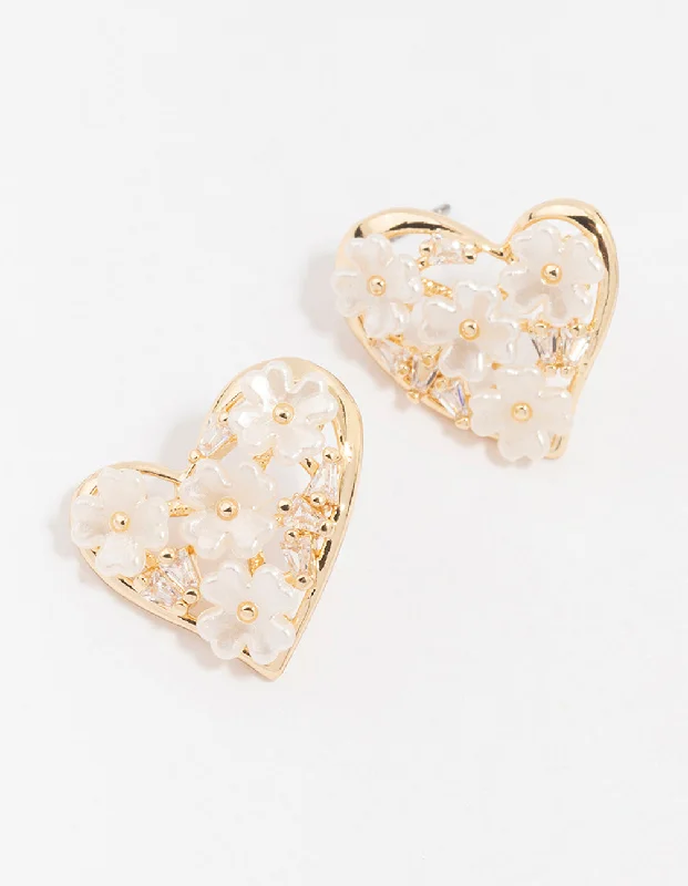 Geometric Silver Earrings-Gold Cubic Zirconia Flower Heart Stud Earrings