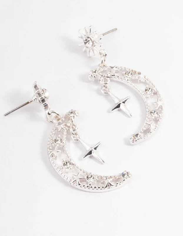 Silver Teardrop Earrings-Silver Diamante Celestial Drop Earrings