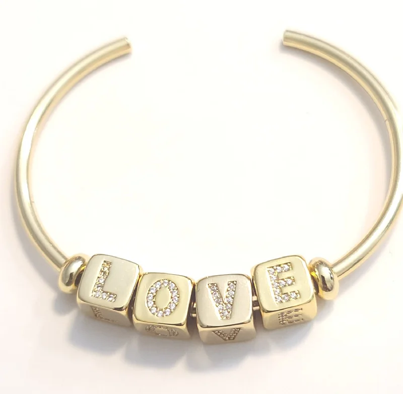 Sparkly Silver Bracelet-Love Cz Word Cuff Bracelet