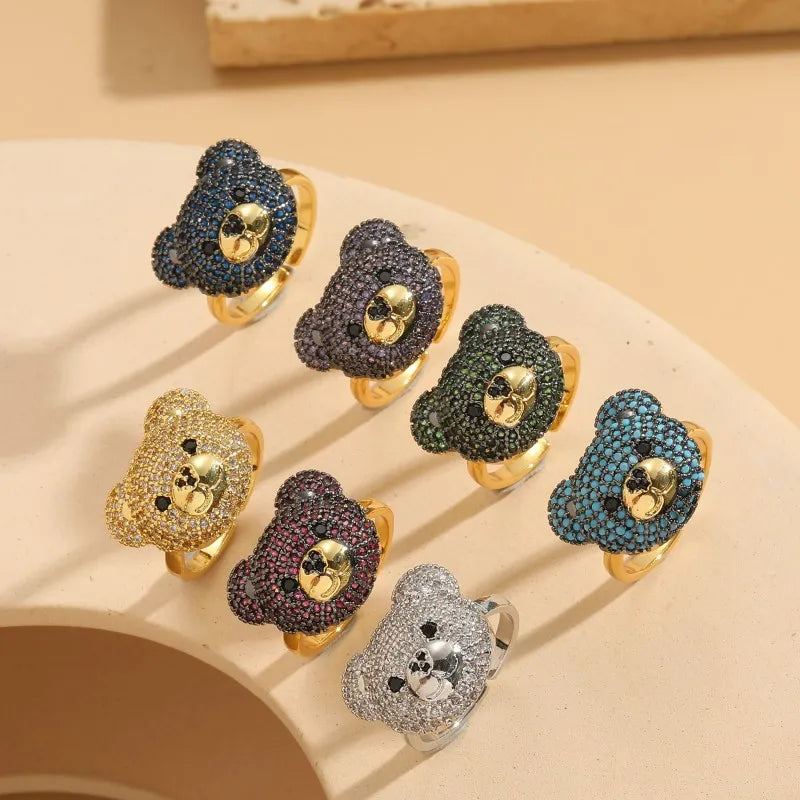 Elegant Luxurious Bear Copper 14k Gold Plated Zircon Rings In Bulk