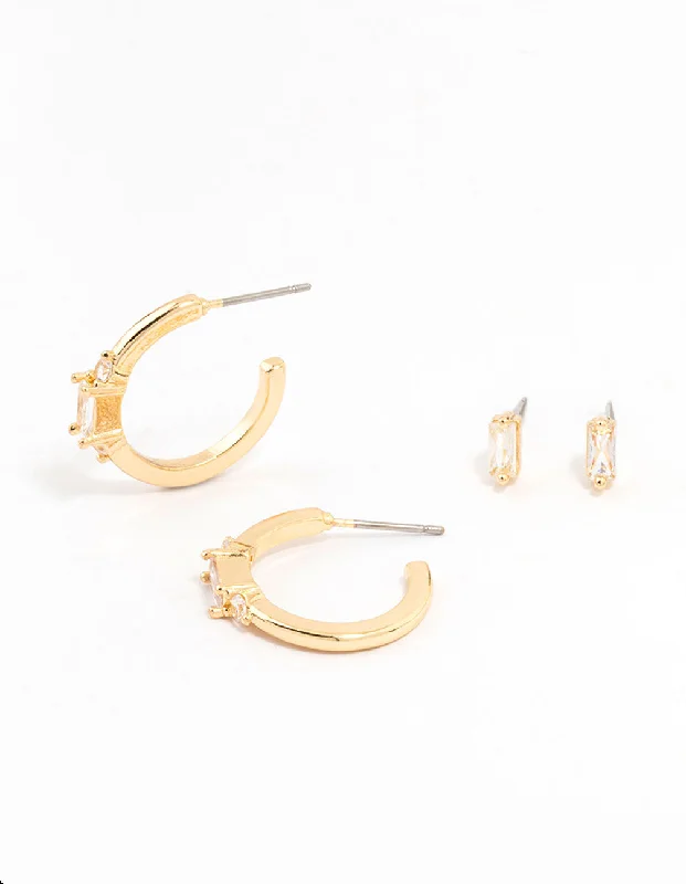 Funky Statement Earrings-Gold Plated Cubic Zirconia Baguette Stud & Hoop Earrings 2-Pack