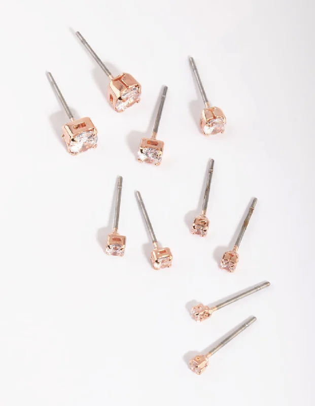 Small Drop Earrings-Rose Gold Diamante Stud Earring Pack