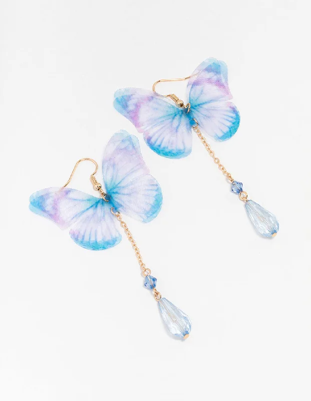 Simple Gold Earrings-Fabric Back Tie Dye Butterfly Drop Earrings