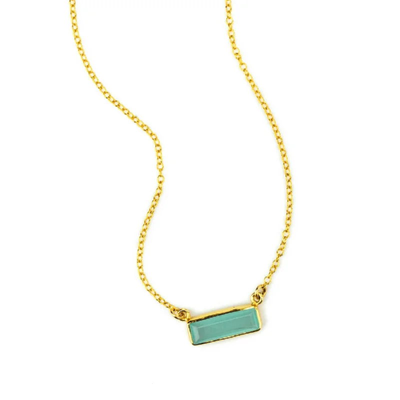 Simple Silver Bar Necklace-Aqua Chalcedony Bar Necklace : March Birthstone : Adira Series