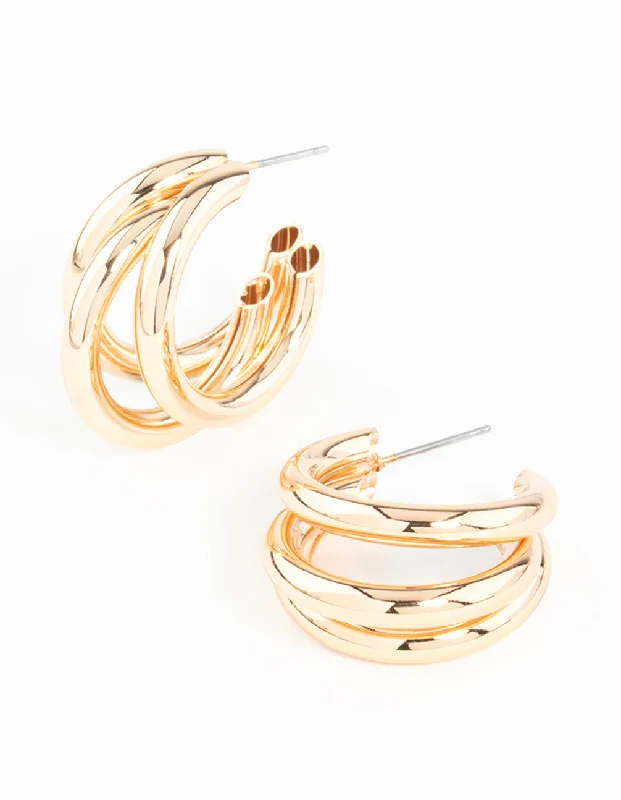 Double Drop Earrings-Gold Triple Polished Earrings