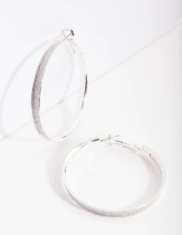 Long Silver Earrings-Silver Glitter Inset Hoop Earrings