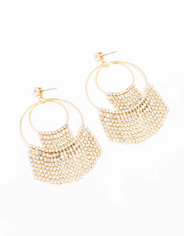 Multi-Colored Earrings-Gold Plated Diamante Fringe Rings Drop Earrings