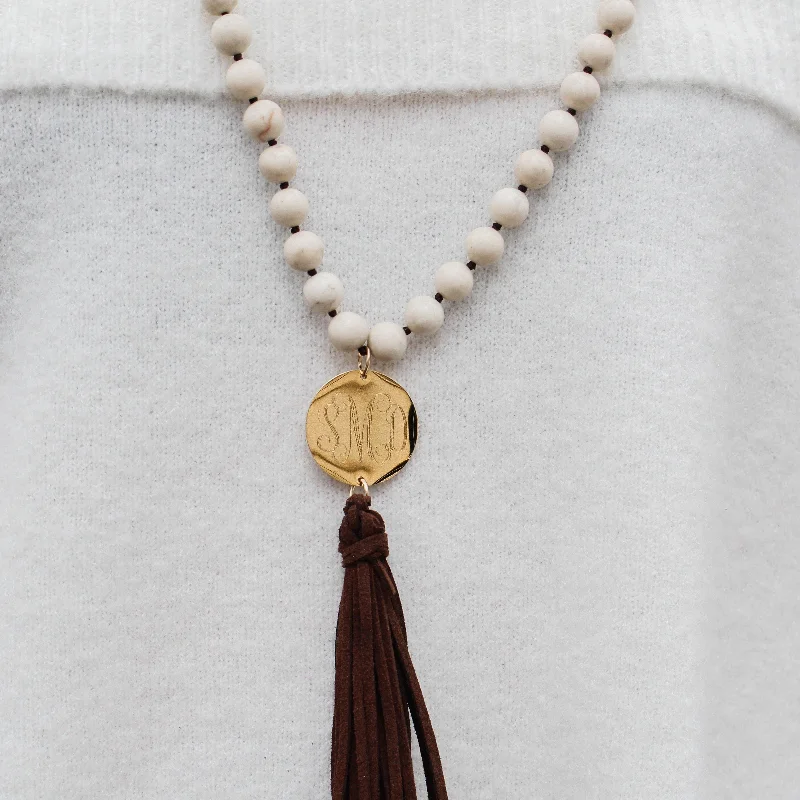 Beautiful Pearl Necklace-Long Monogram Stone and Leather Tassel Necklace