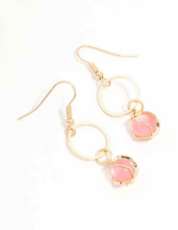 Classic Gold Earrings-Rose Gold Cat Eye Pink Ball Twirl Drop Earrings