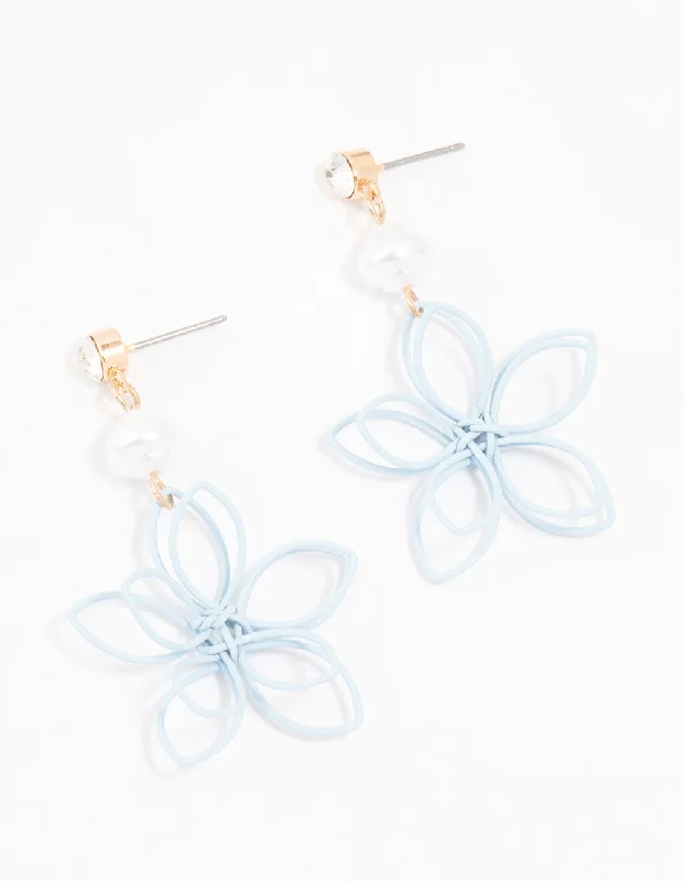 Geometric Hoop Earrings-Blue Coated Wire Flower Pearl Drop Earrings