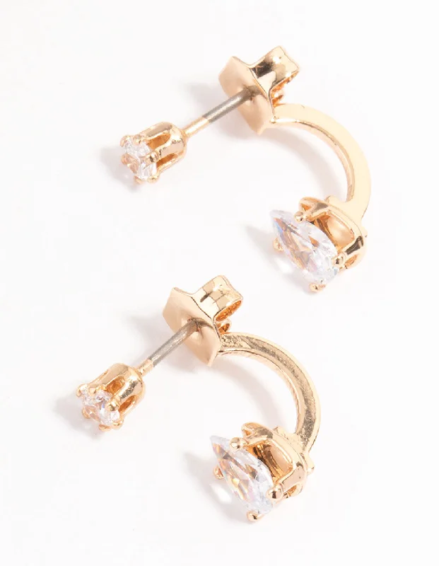 Bold Statement Earrings-Gold Diamante Pear Ear Jacket Earring