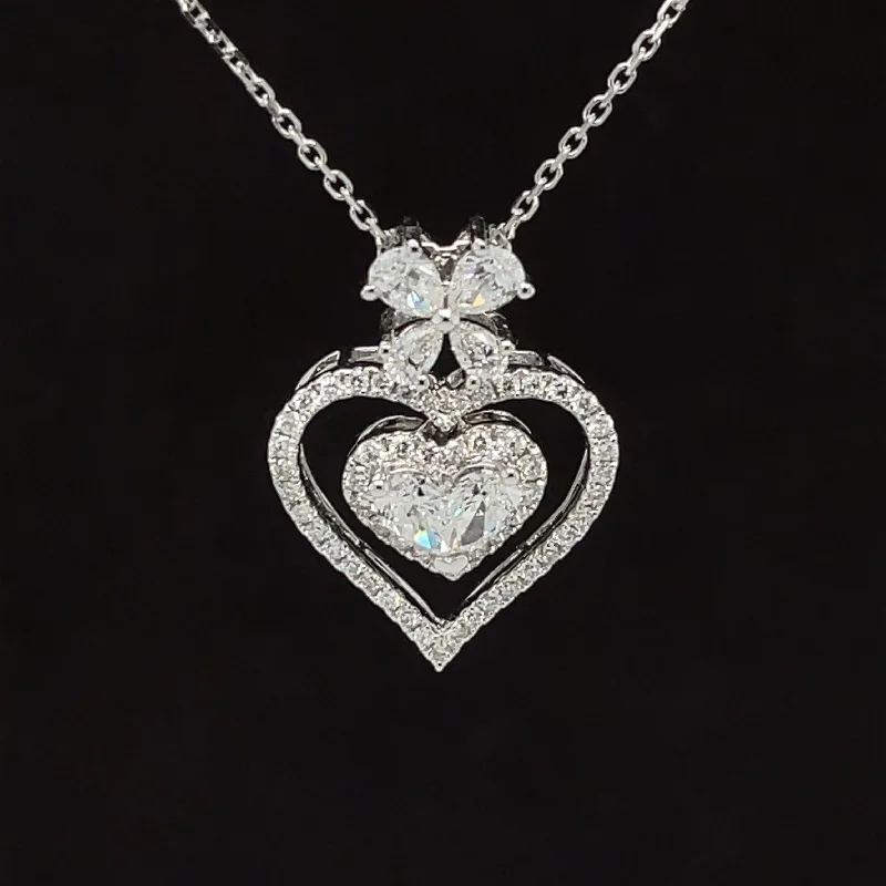 Personalized Name Pendant Necklace-Diamond Floral Heart Halo Gift Necklace in 18k White Gold - (#179 - PDDIA343941)