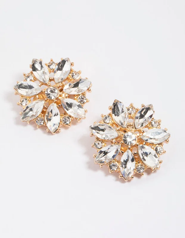 Shiny Drop Earrings-Gold Diamante Flower Stud Earrings