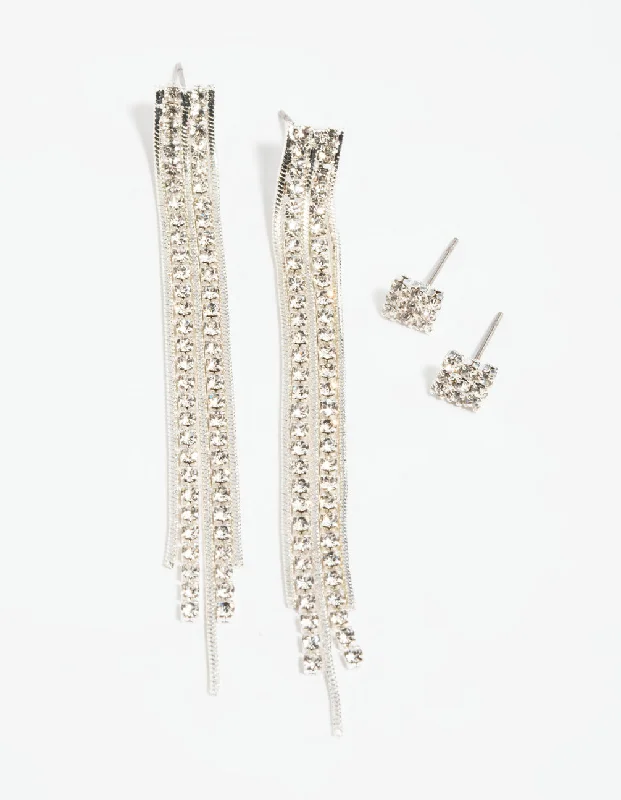 Simple Drop Earrings-Silver Diamante Stud Earring Set