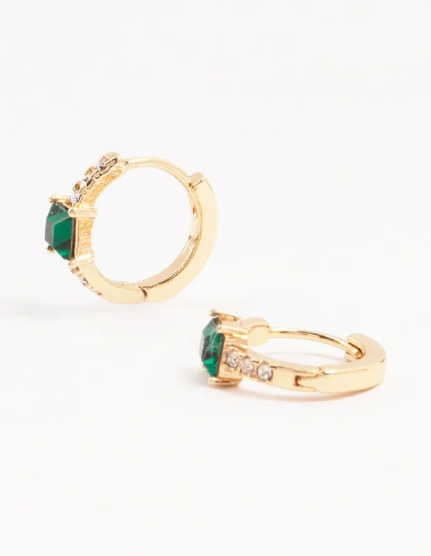 Classic Pearl Studs-Gold Green Baguette Bohemia Czech Crystal Huggie Earrings