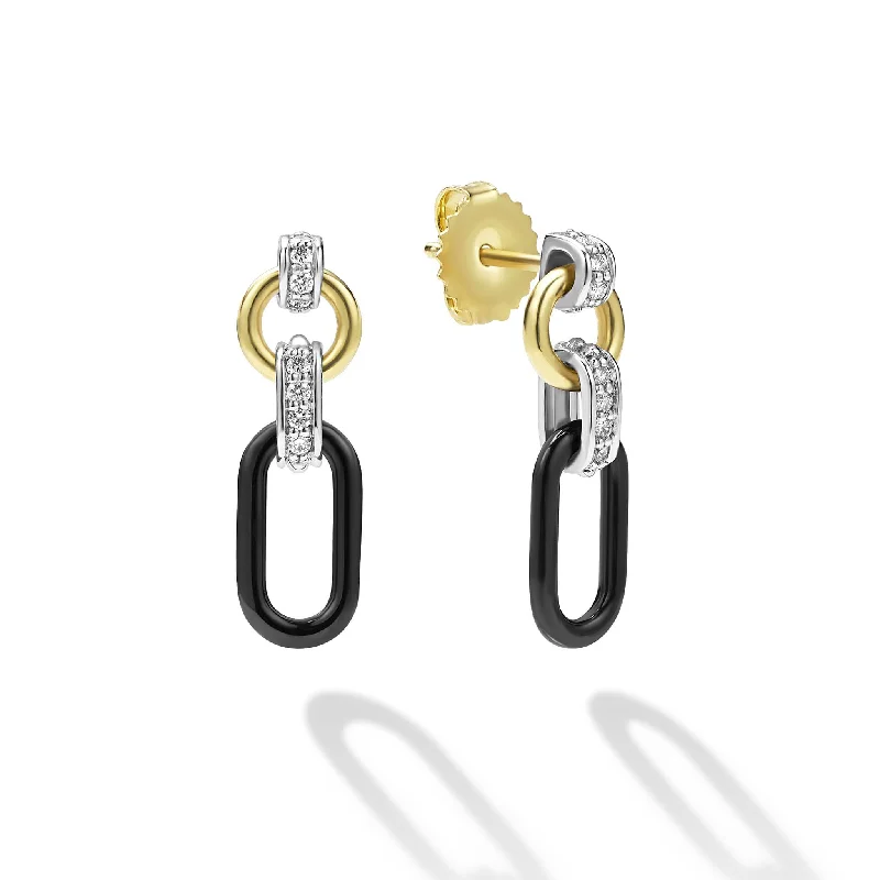 Sterling Silver Dangle Earrings-Signature Caviar Small 18K Gold and Black Ceramic Diamond Link Drop Earrings