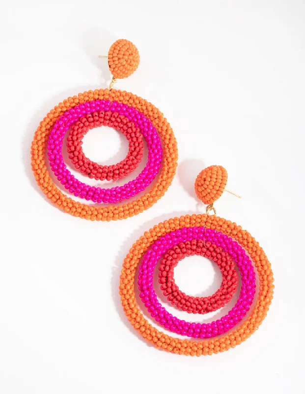 Adjustable Hoop Earrings-Beaded Triple Circle Drop Earrings