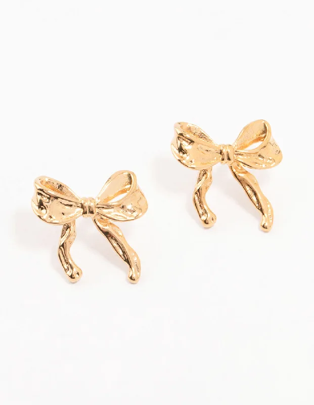 Vintage Style Earrings-Waterproof Gold Plated Stainless Steel Molten Bow Stud Earrings