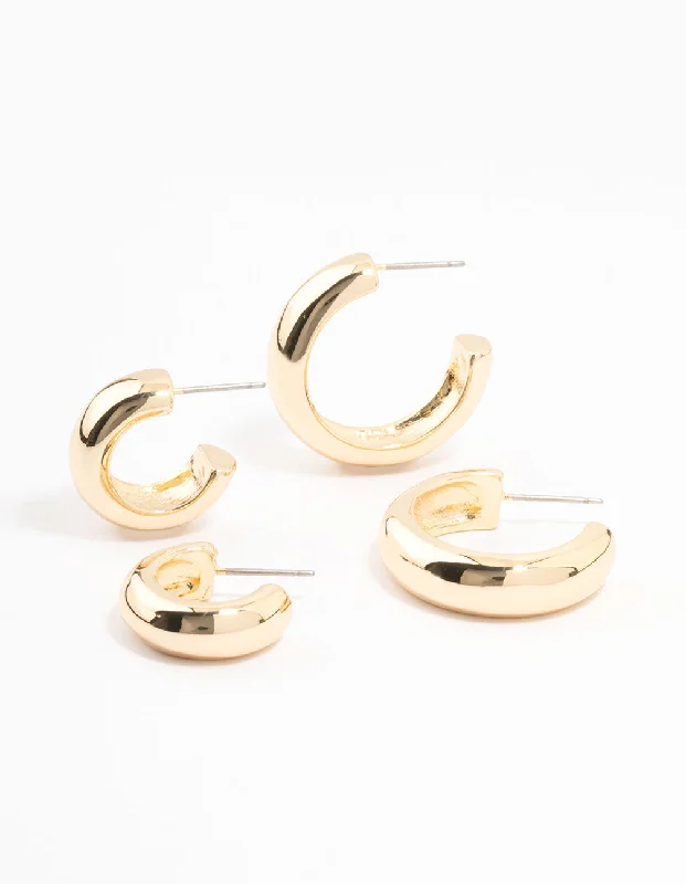 Fashionable Clip-On Earrings-Gold Plated Chunky Hoop Earrings 2-Pack