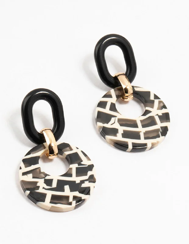 Handmade Boho Earrings-Acrylic Black & White Checked Disc Drop Earrings