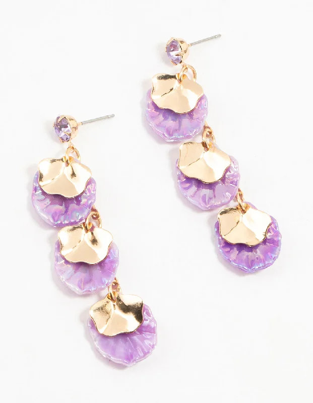 Chic Ear Huggers-Purple Acrylic Pearlised Petal Drop Gold Earrings